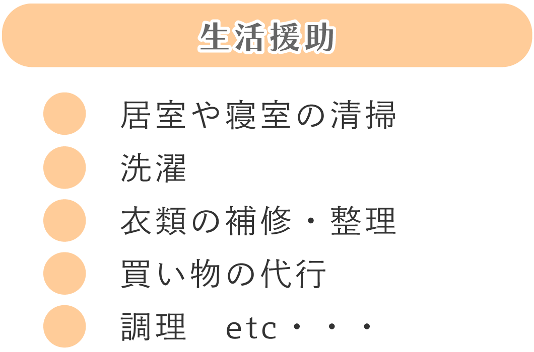 居室や寝室の清掃、洗濯、衣類の補修・整理、買い物の代行、調理、etc