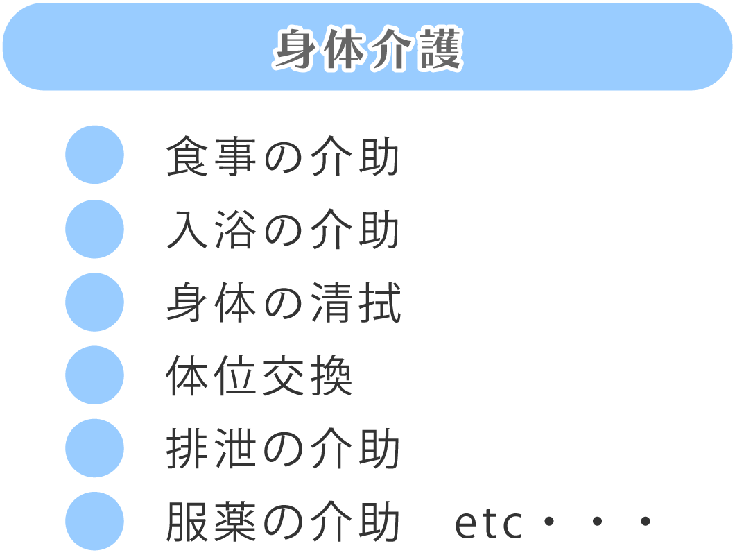 食事の介助、入浴の介助、身体の清拭、体位交換、排泄の介助、服薬の介助、etc